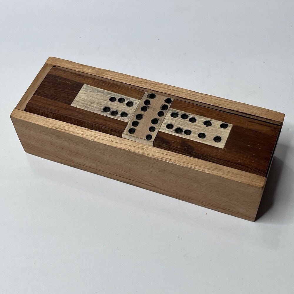Vintage Handmade Wood Domino Set 28 Tiles & Wooden Storage Box